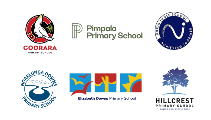 Logos for Coorara Primary School, Pimpala Primary School, North Ingle Primary School, Noarlunga Downs PS, Elizabeth Downs PS, Hillcret PS